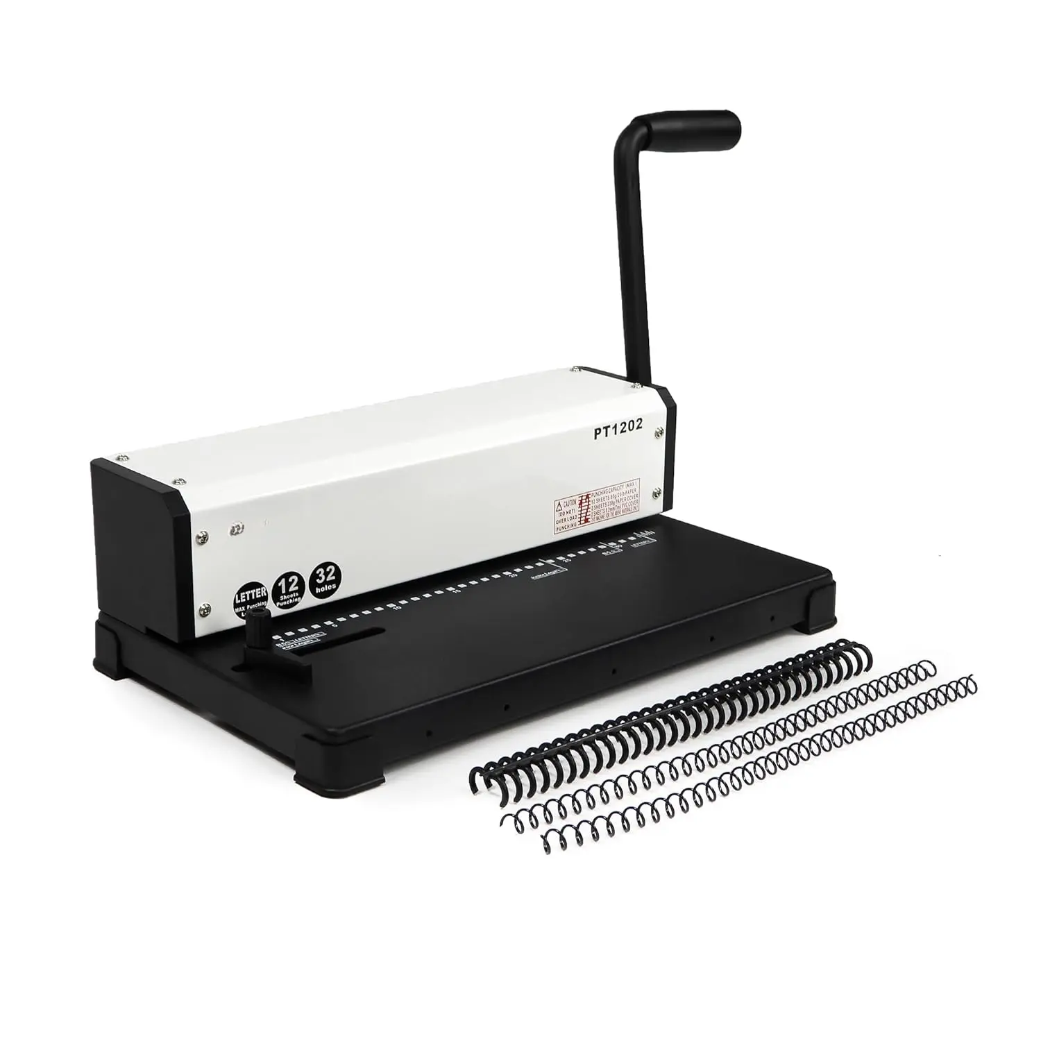 PT1202 Coil Binding Machine, 3:1 Pitch, 32 Hole Punch for Spiral & Click Binding Spines, Metal Spiral Binder Hole Punch, Punches 12 Sheets at a Time
