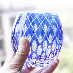 JINZHI Sky Blue EDO Kiriko Whiskey Glasses 11OZ Unique Hand Carved Crystal Tumbler for Bourbon & Rum Lovers - Handcrafted Drinkware in Gift Box
