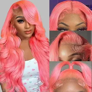 GK Hot Pink Lace Front Wig Human Hair Body Wave 13x6 Hd Lace Frontal Wigs Glueless Pre Plucked with Baby Hair for Women 180% Density Red Pink Colored 22 Inch