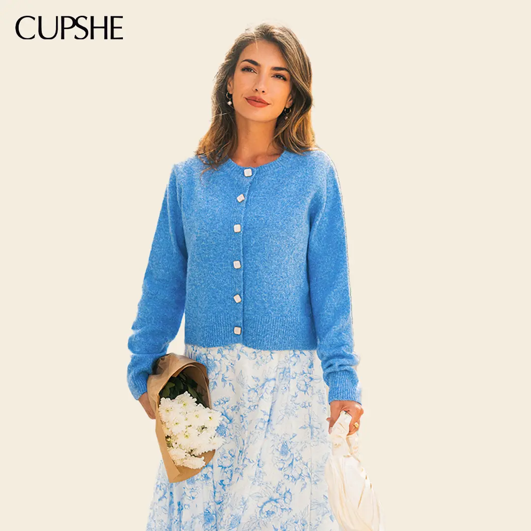 CUPSHE Women's City Rhythm Button Front Knit Cardigan Round Neck, Long Sleeves, Cropped, Lightweight Polyester Mix Layering Top for Casual Outfits Women, Everyday Wear Travel, Regular Wash Knitwear