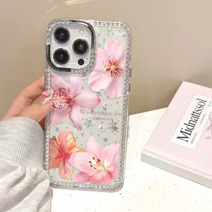 Luxurious Pink Lily with Blue and White Bowknot Pattern Design, Transparent Shiny Frame, Compatible with iPhone 17 16 15 14 13 12 11 Pro Max and All Other Models, High-Quality Exquisite Phone Case Suitable for Gifting to Family and Friends