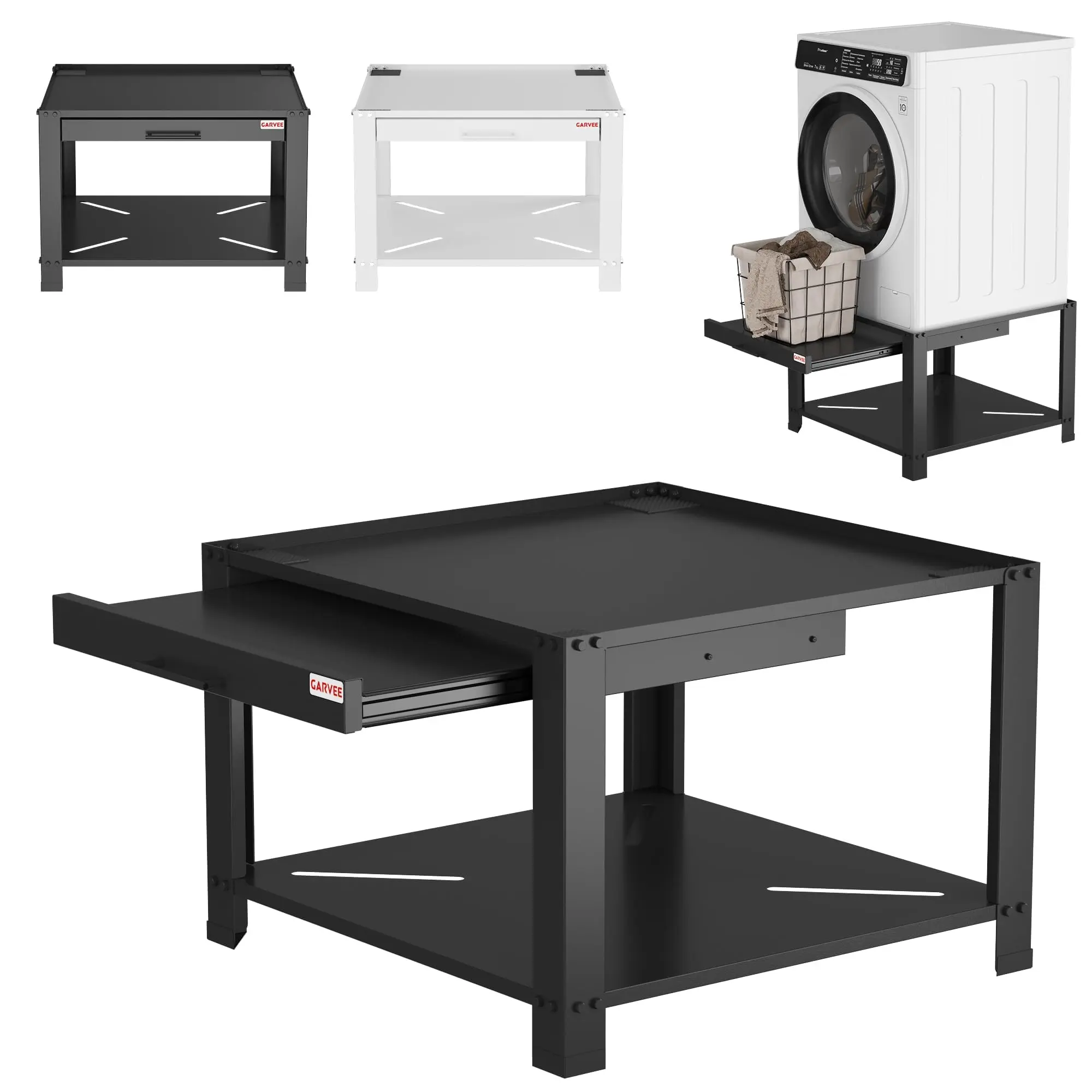 Heavy Duty Alloy Steel Laundry Stand for Washer and Dryer - 800lb Capacity, Pullout Basket Shelf, Global Fit, Adjustable Anti-Vibration Pads, Storage Rack, Black, 29x29x20in