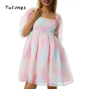 Women Casual Big Hem Dress, Tie-dyed Printing/ Solid Color Square Collar Puff Sleeves Bubble Skirt, S/ M/ L