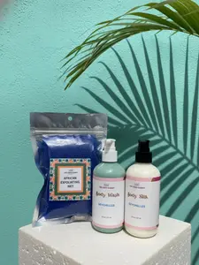 Seychelles Bath Bundle | Body Wash + Lotion + Exfoliating Net | Spa Set Women | Sandalwood Body Wash & Lotion Set