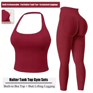 Jetjoy 2 Pieces Workout Sets for Women, Seamless Workout Sets for Women 2 Piece Halter Neck Sport Bra Hidden Scrunch Leggings Yoga Exercise Outfits Gym Clothes