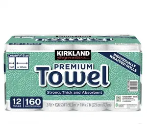 Kirkland Signature Premium Towel 2-Ply 160 Sheets 12 Rolls Create-A-Size Sheets Strong Thick Absorbent Sustainable Forestry Initiative Certified
