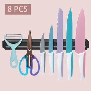 8pcs Color Series Kitchen Knife Set, Comes With Magnet Knife Holder, Kitchen Scissors, High Carbon Stainless Steel, Ultra Sharp Blade, High Density Corrosion Resistant Coating, Good Helper In The Kitchen
