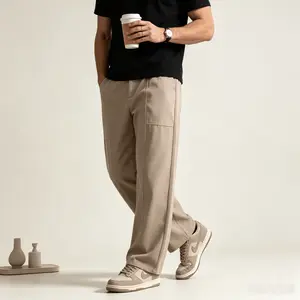 Men's Khaki Stitched Panel Workwear Pants, Relaxed Wide Leg Fit with Structured Drape, Soft Heavyweight Plain Twill for Vintage Streetwear athletic men