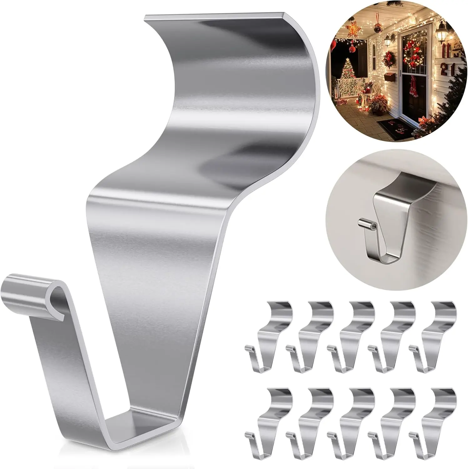 10-Pack Heavy-Duty No-Hole Stainless Steel Siding Clips Hook Set, Horizontal Vinyl Siding Hangers for Hanging Wreaths, Garlands, Traditional Door Decorations (Patio Use)