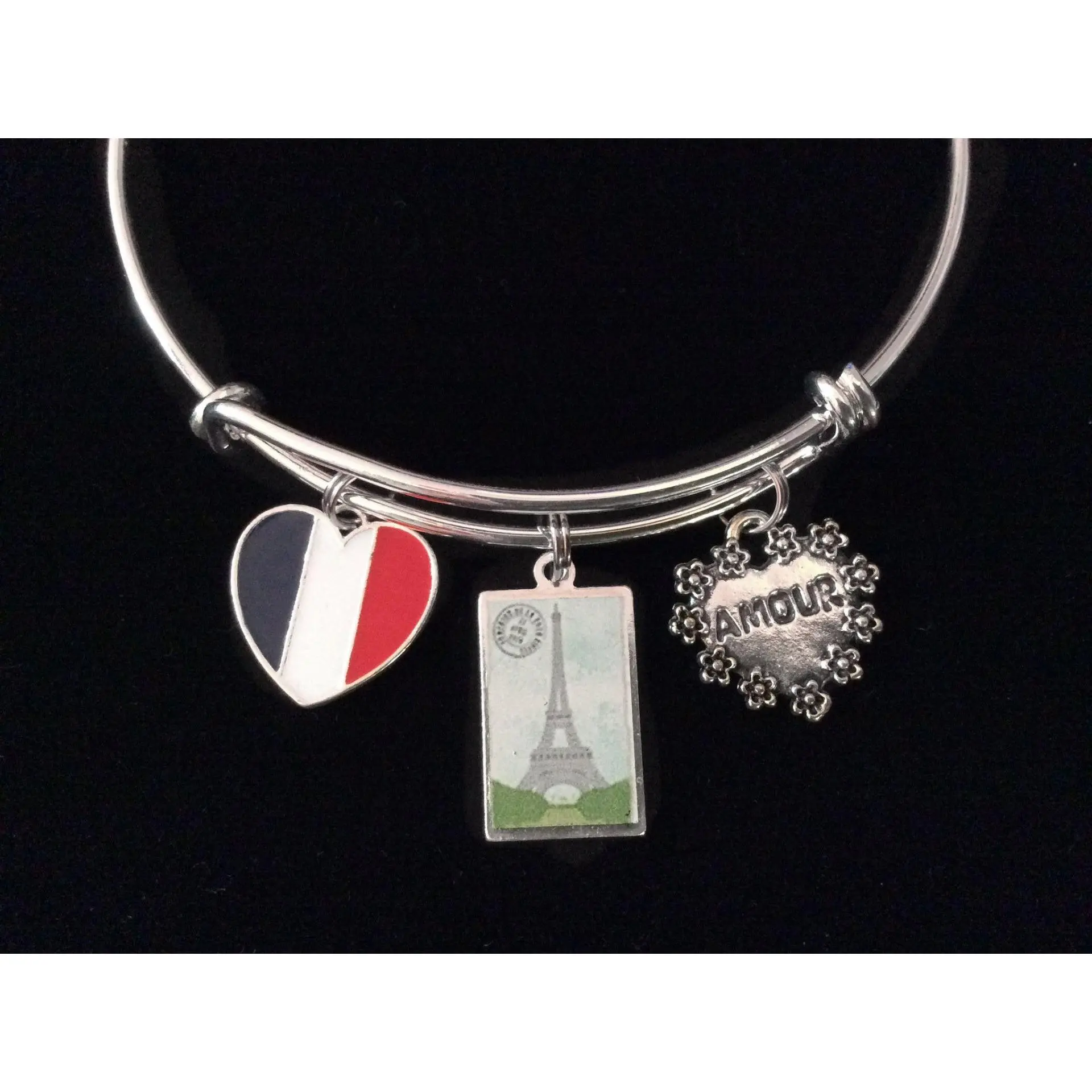 Paris Eiffel Tower Silver Expandable Charm Bracelet Adjustable Bangle Vacation Travel Gift French