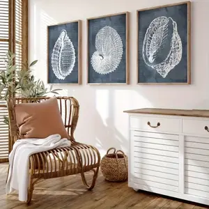 3 Pieces Optional Wooden Frame Beach Seashell Canvas Wall Art Set Modern Blue Nautical Print Coastal House Decor Thanksgiving Gift Decor House Wall Canvas Artwork