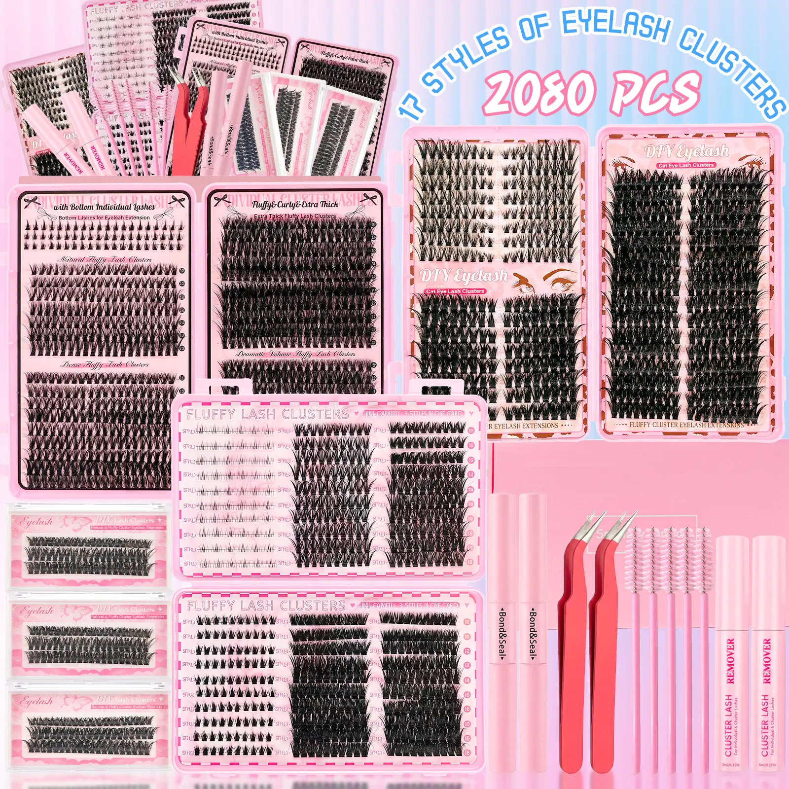 Fluffy Wispy Lash Clusters Kit, Summer Beauty Gift, All-In-One DIY Lash Extension Set With Complete Accessories, Salon-Quality Makeup For Women, Easy Self-Application Lashes, Premium Lash Kit, D Curl Hybrid Set, Individual Cluster Eyelashes Natural summer