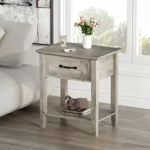 Grey Nightstand, End Table with Drawer, Side Table for Spaces, 2 Tiers Storage Shelves with Dresser, Bedside Table for Living Room, Bedroom, Dorm (Grey)