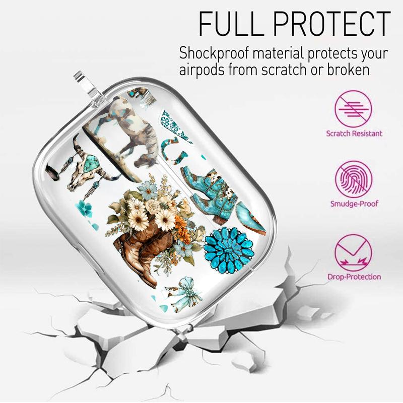 Western Charm Collage Pattern TPU Soft Protective Case for Apple AirPods 4/3/2/1/Pro/Pro2 Transparent Earphone Cover with Keychain Attachment