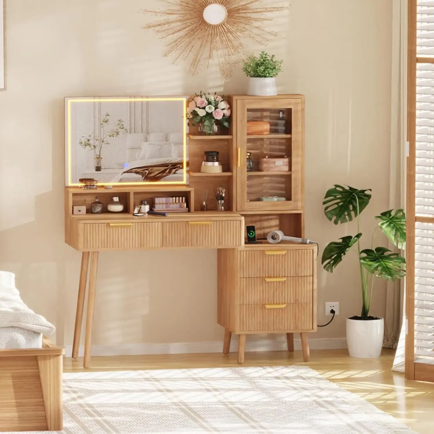 Gaomon 23-Inch Stylish Vanity with Lights - 5-Drawer Dresser, HD Mirror, Power Outlet, Glass Top, Elegant Fluted Finish, Acrylic Protective Door, Storage Shelf, Color-Adjustable Light Modes for Bedroom Beauty Room Makeup Organization