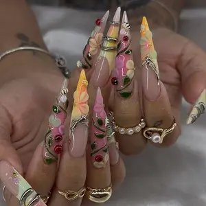 Colorful Floral Stiletto Nails | Handmade 3D Garden Art | Luxury Statement Press On Set