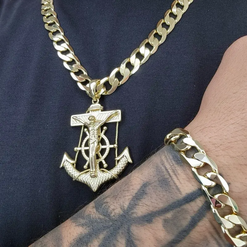 ViOrO 14K Gold Plated 8-10mm Cuban Link Chain with Bracelet and Jesus Christ Anchor Pendant for Dairy Use. Electro Laminated Premium Jewelry