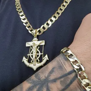 ViOrO 14K Gold Plated 10mm Cuban Link Chain with Jesus Christ Anchor Pendant for Dairy Use. Electro Laminated Premium Jewelry