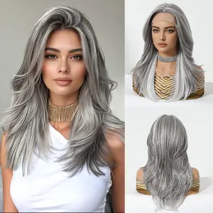 [*Gary] DWY 13*6 Free Part Lace Front Layer cut 18 Inch Long White Gray Highlighted Hair Wig For Women SWLF1023-1GR20