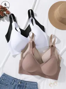 4 Pack set V-neck plus-size seamless covered bust jelly women's bra with hook-and-eye adjustable straps 0XL-4XL, lift and gather, sports beautiful back, daily casual commuting, comfortable and skin-friendly, Seamless shaping bras