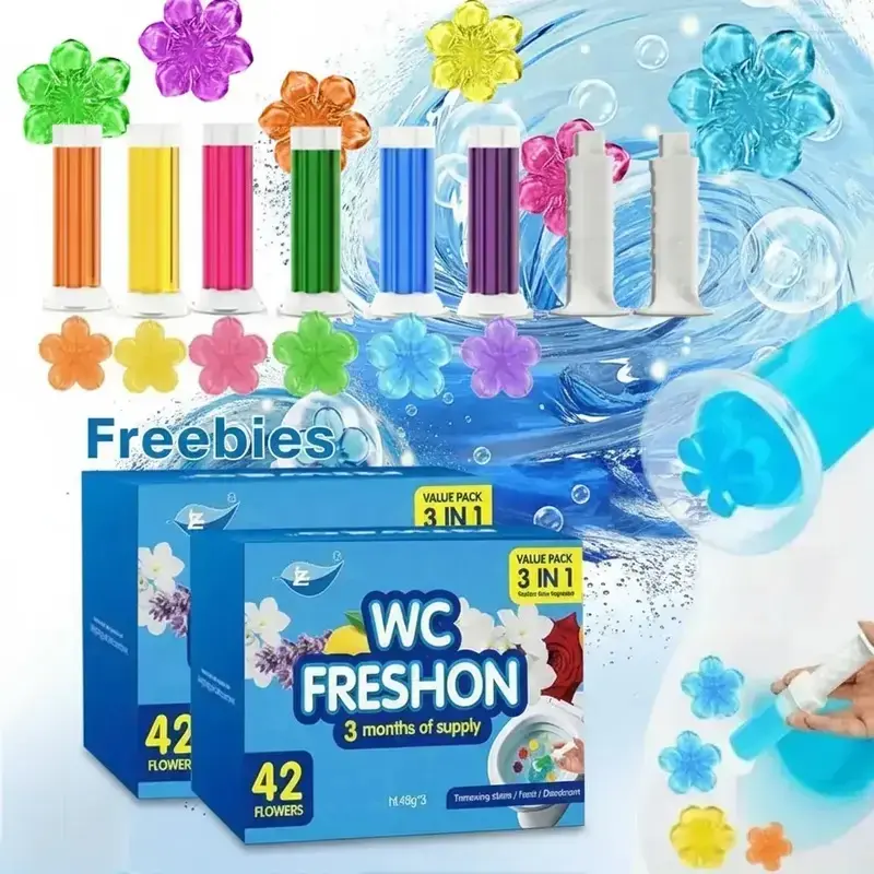 Toilet Gel Stamp (3Tubes, 42Flower Stamps) - Random Color & Scent, Long-Lasting Bathroom Freshener & Odor Eliminator, No-Scrub Natural Gentle Toilet Bowl Cleaner, Bathroom Accessories Door Hangers, Toilet Bowl Cleaners  Fragrance Household Odor Remover