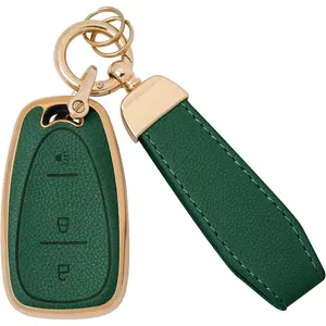 GripKeyShell™ for Chevy Key Fob Cover, Leather + Soft TPU Car Key Case with Keychain Compatible with 2016–2024 Equinox Spark Sonic Traverse Trailblazer Trax Blazer Cruze 3-Button Smart Key