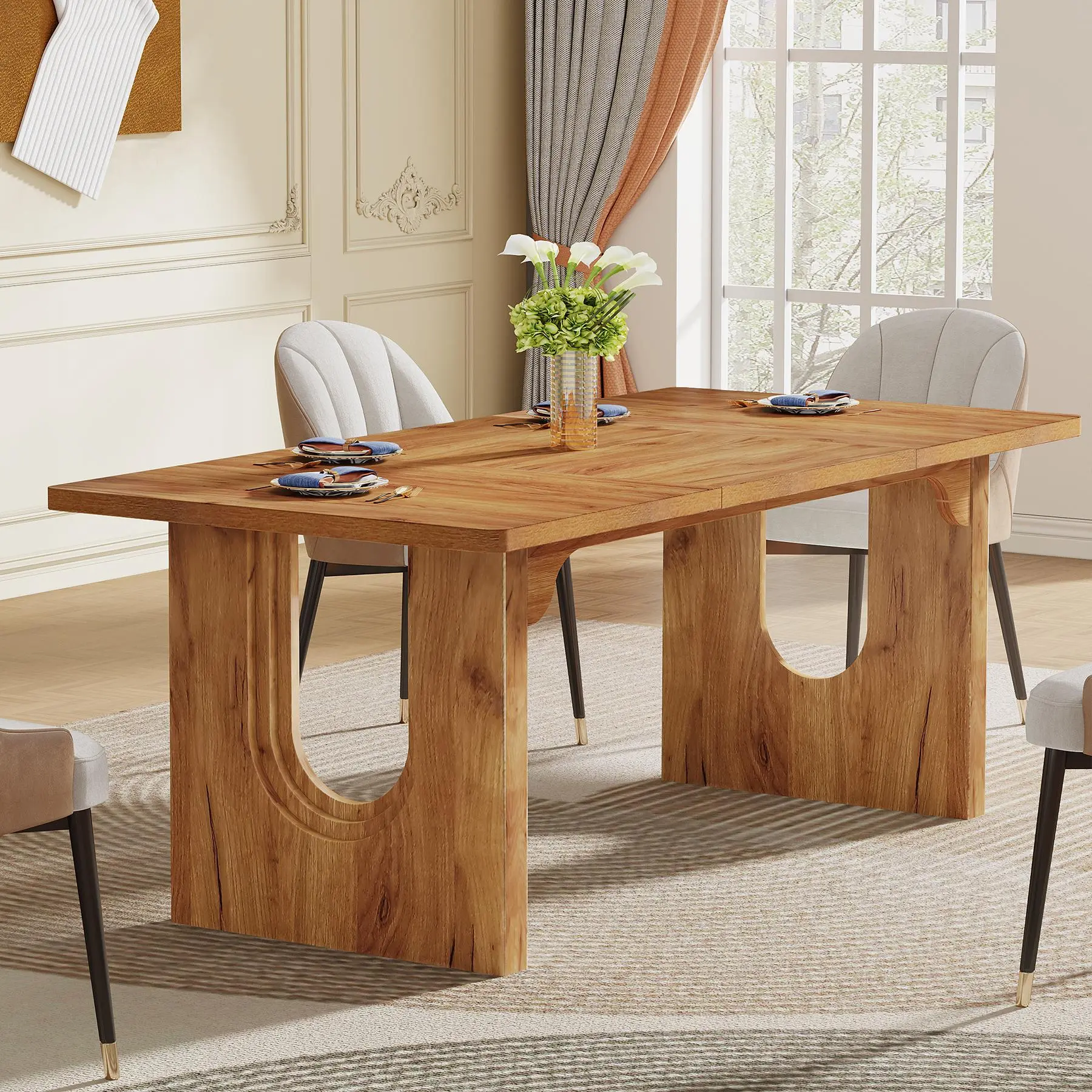 TRIBEWOOD Modern Dining Table for 6 to 8 People, 71" Large Kitchen Dining Table with Wood Pedestal Base, Rectangular Long Dinner Table for Kitchen, Dining Room, Living Room