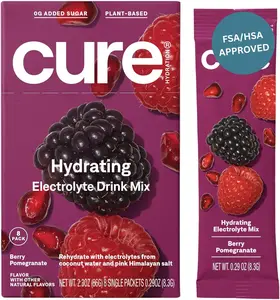 Cure Hydrating Plant Based Electrolyte Mix | Powder for Dehydration Relief | Made with Coconut Water | Non-GMO | No Added Sugar | FSA & HSA | Vegan | Box of 8 Packets - Berry Pomegranate