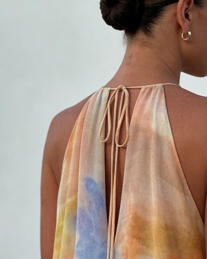 ChicMe Women's Tie Dye Chiffon Maxi Dress - Halter Neck Backless Flowy A-Line Long Dress Sunset Gradient Print Vacation Summer Beach Dress for Women ChicMe Women's Tie Dye Chiffon Maxi Dress - Halter Neck Backless Flowy A-Line Long Dress Sunset Gradient Print Vacation Summer Beach Dress for Women