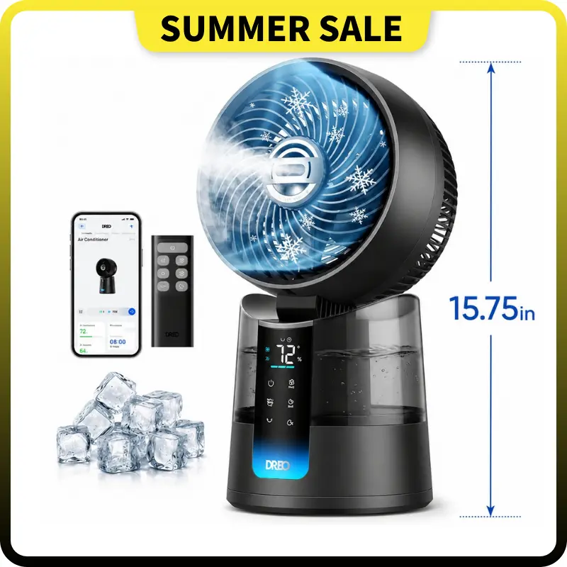 DREO TurboCool 516S Compact Multifunction Desk Portable Fan - Adjustable Cooling High Velocity Evaporative Air Cooler, 150°+30° Omni-Directional Oscillation, 26 ft/s Ultrafine Mist, 20dB Quiet, 6 Speeds, 2 Modes, Remote & App Control, RGB Lighting, Grey,