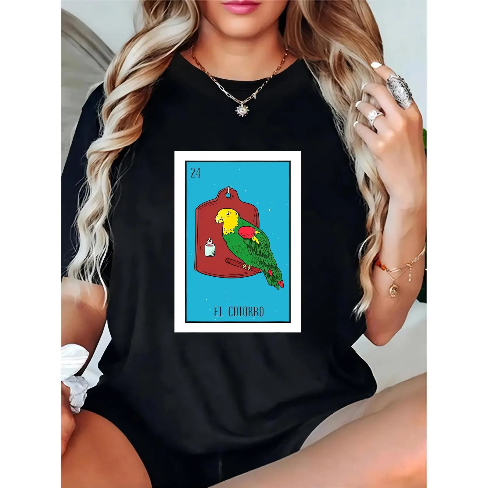 Women's T-shirt with El Cotorro Lottery Card Graphic | 100% Cotton Streetwear Tee, Lightweight Breathable Shortsleeve Relaxed Fit