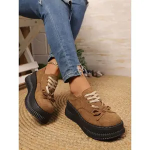 Vintage Thick Sole Shoes, Casual Style, Textile Upper, Rubber Sole, All-Season Wear, Perfect Match with Jeans, Autumn Vibes