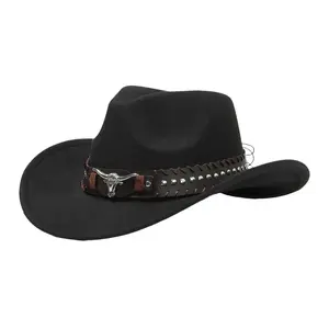 OIDEA Male Cowboy Hat - Felt Construction, Bull Head Studded Band, Western Wide Brim Fedora for Outdoor Parties
