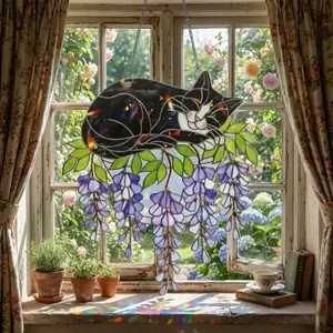 Tuxedo Cat Hologram Suncatcher, Wisteria Floral Window Hanging