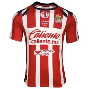 Chivas25/26 Jersey for Fans - Red and White Striped Soccer Shirt with Caliente and Mercado Pago Logos