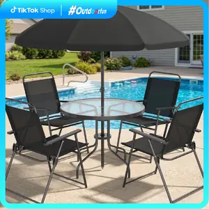 Walsunny 6 Piece Patio Dining Set for 4 with Umbrella, Outdoor Table and Chairs with 4 Folding Dining Chairs & Round Glass Table for Garden, Backyard and Poolside, Black, Gray, Silver, Blue