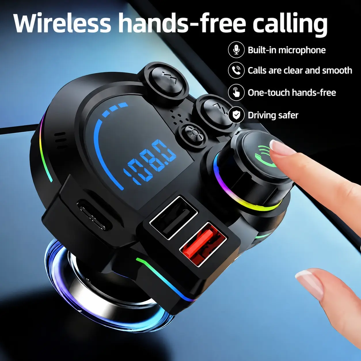 PD 20W Type-C Bluetooth 5.3 FM Transmitter Car Charger with Ambient Lighting , Wireless MP3 Player with Dual USB Ports, RGB Light Radio Adapter, Clear Hands-Free Calling, Essential Car Accessory for Road Trips, Compatible with 12V-24V Vehicles
