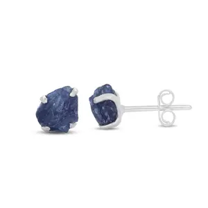 Blue Sapphire Raw Natural Earrings in Prong Stud Setting - Sterling Silver