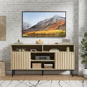 UEV Mid-Century Modern Entertainment TV Stand - Modern Storage Cabinets, Fluted Natural Wood Sideboard Cabinet with Shelves, Fits 50/55/60/65-Inch TVs, Easy Setup for Living Room