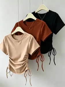 Three-Piece Women's Pleated Drawstring Adjustable Short Top, Casual Short Sleeve Slim Fit T-Shirt, Comfortable and Stylish Summer Daily Wear
