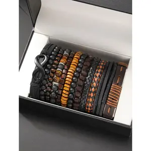 Men's Fashion Beaded & Braided Link Bracelet (12pcs), Fashion Jewelry for Party, Everyday Accessories, Trendy All-match & Exquisite Jewelry for Birthday Gift