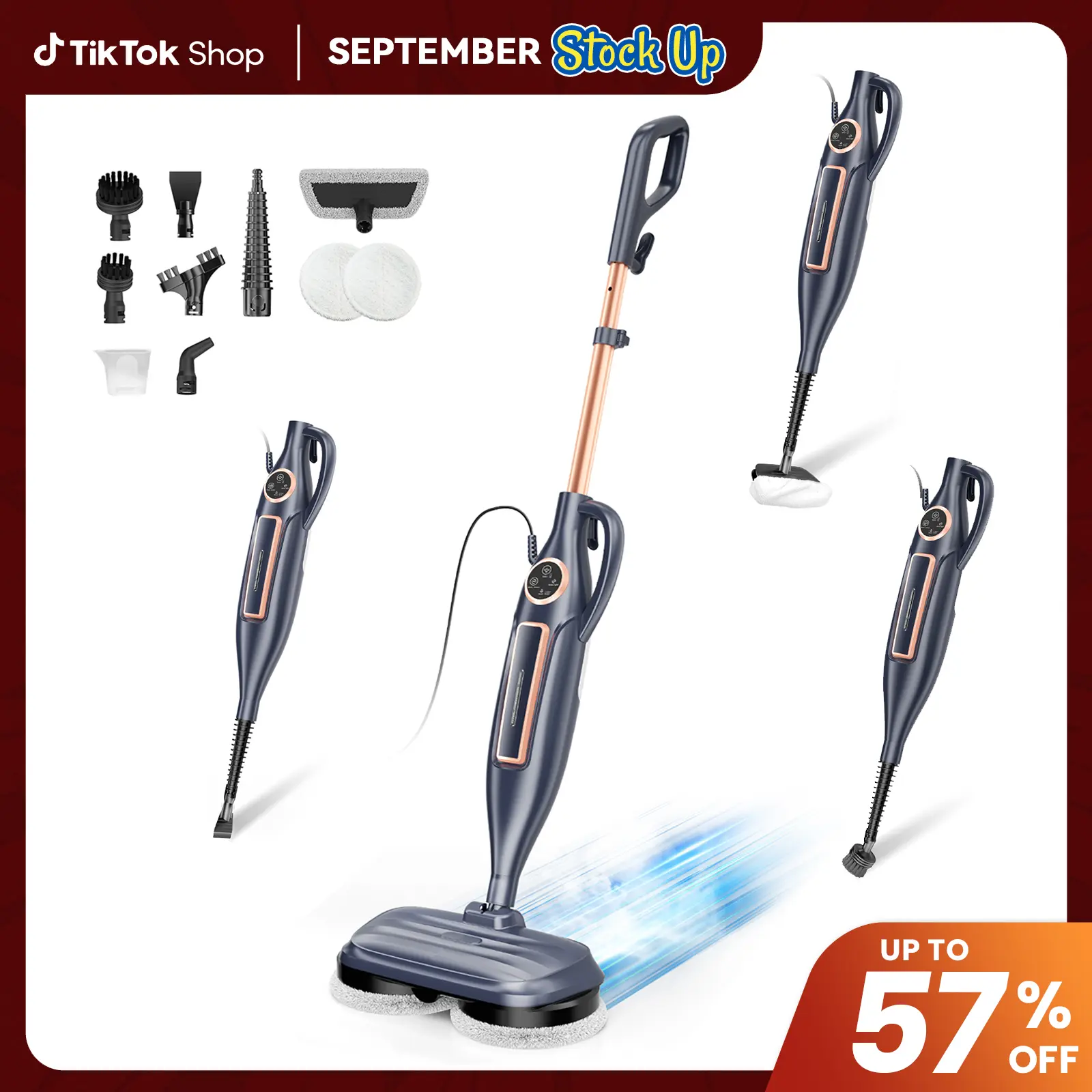 [BackToSchool] DEVOAC VM6 Electric Rotating Steam Mop - 10-in-1 Eco-Friendly Antibacterial Cleaning Supplies, 3 Adjustable Steam Levels, 5m Cord, Fast Heat-Up, Attachments for Floors, Kitchen, Tiles, Grease & Grime Remover