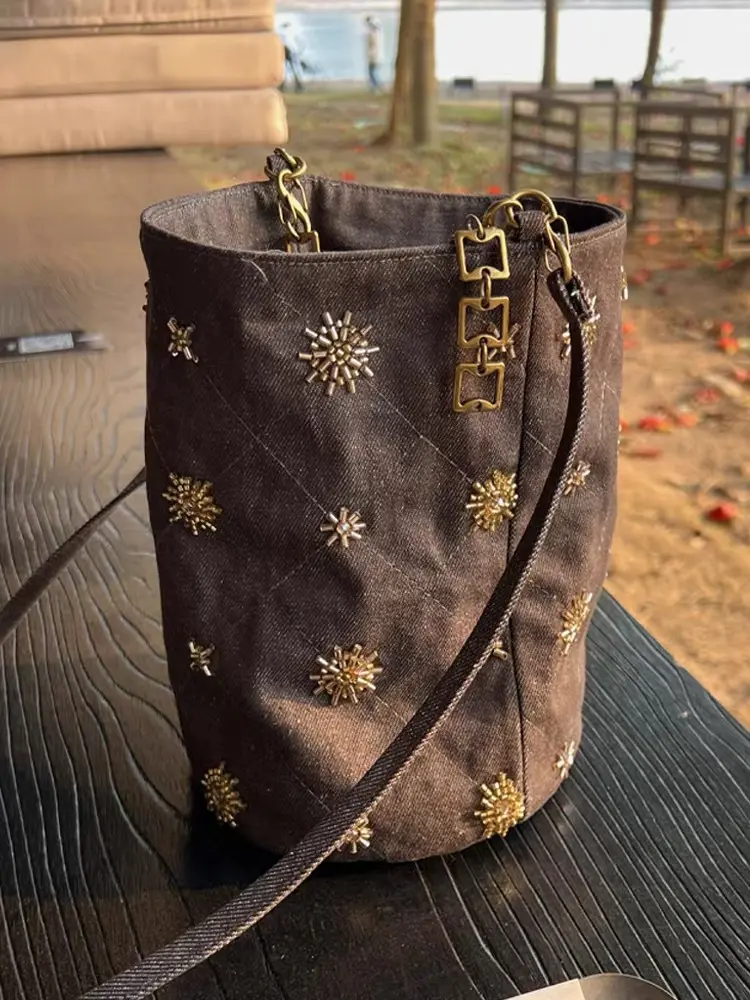 Beaded Embroidery Bucket Bag Denim Shoulder Bag New Chinese Style Fashion Versatile Crossbody Bag for Women