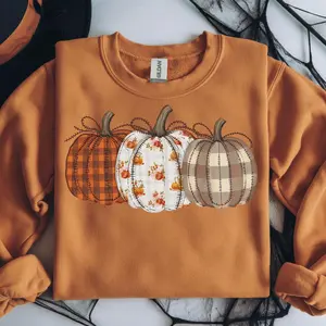 Preppy Floral Pumpkin Shirt, Stitched Fall Pumpkin Quilted Pumpkin Design T-Shirts Harvest Shirt, Cool Colors, Brighten Up Your