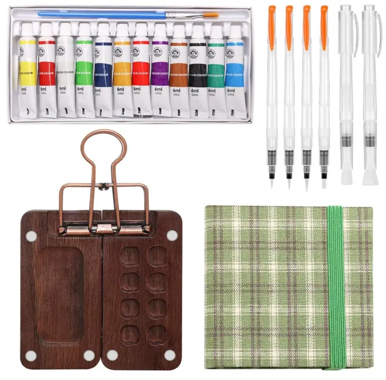 Paint Palette Travel Kit, Mini Watercolor Paint Set, 2.36’’ Wooden Grid Paint Box for Painters Artists Students