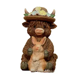 Cute Farmhouse Highland Cow Holding Rabbit Garden Ornament, Garden Sculptures Statues, Home Decor Resin Craft, Perfect Gift for Home Atmosphere