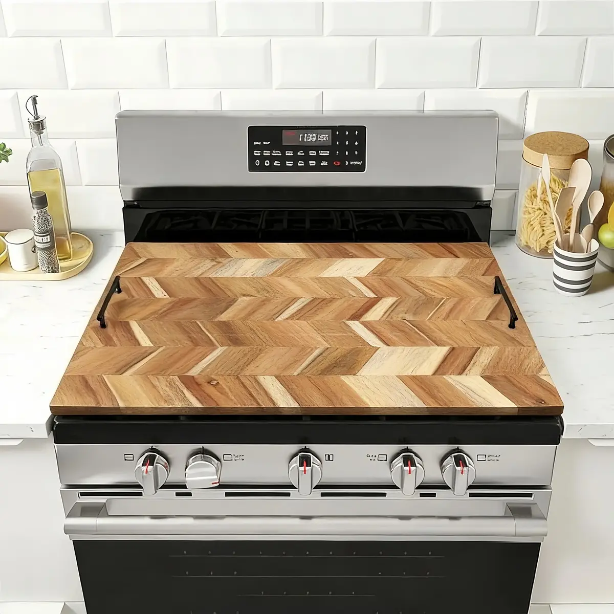 Wood Noodle Board Stove Cover with Handles – 29.5" * 22" Stovetop Cover for Gas & Electric Ranges, Also Works as Kitchen Sink Cover & Extra Counter Space