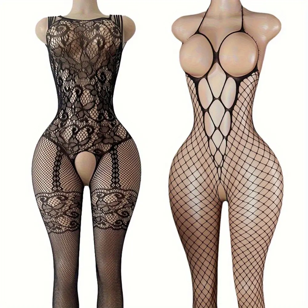 2pcs Women's Sexy Lingerie, Sexy Seamless Short Sleeve Fishing Net Bodystocking, Seductive Bow on Chest and Backless Detail Bodysuit, Lace Semi-Transparent Flower Pattern Black Pantyhose, Fishnets Tights Womenswear Clothes,Sexy Bodysuit Underwear