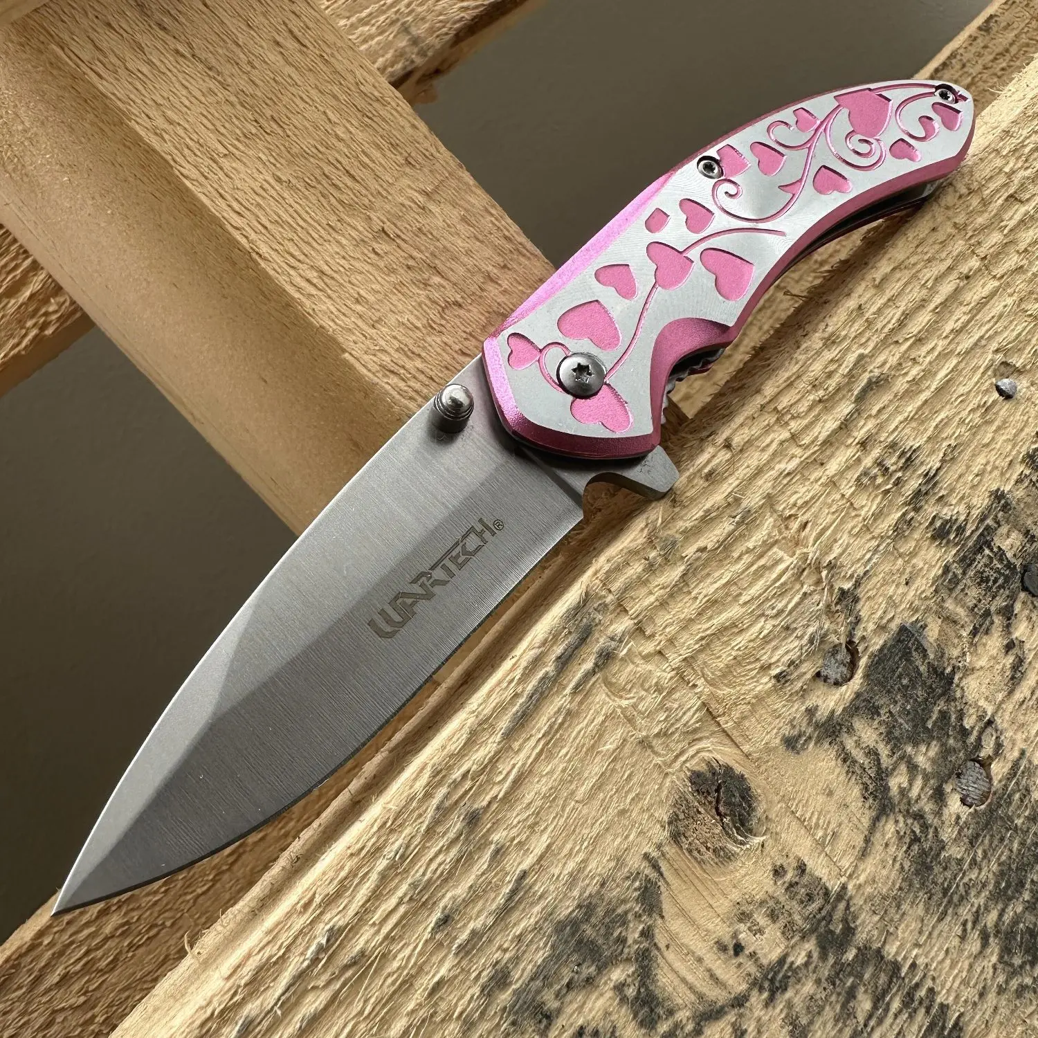 7” Hearts Engraved Folding Pocket Knife – 3” Steel Blade EDC Knife with Belt Clip for Camping, Hiking, or Daily Tasks, Stylish and Functional