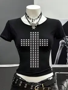 Y2K Grunge Cross Print Tee, Slim-fit, stretchy black crop top with studded cross graphic. Perfect for e-girl, goth aesthetics. TikTok vibe, great for concert fits or everyday alt style. Grab this viral y2k essential now, Streetwear, Gothic